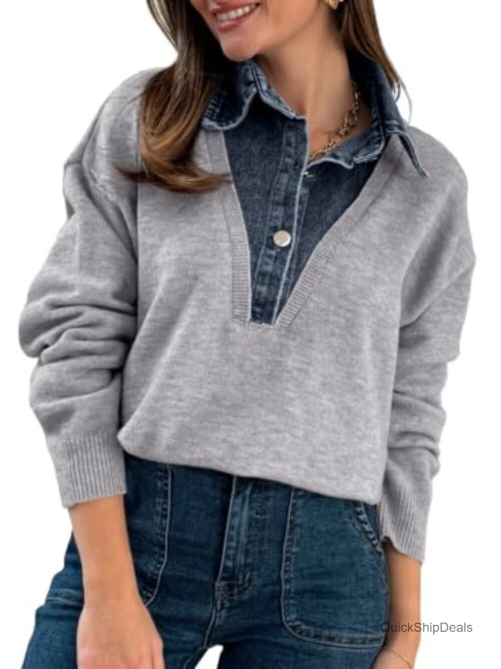 Womens Long Sleeve Denim Lapel V Neck Polo Sweater Pullover Knit